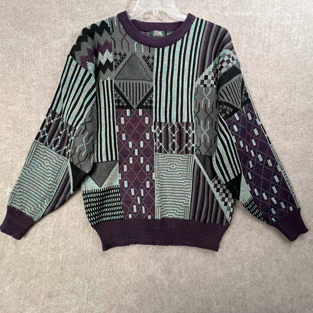 Vtg Stefano‎ Man Abstract Geometric Sweater Purple Gray Knit Size L 90s Grandpa